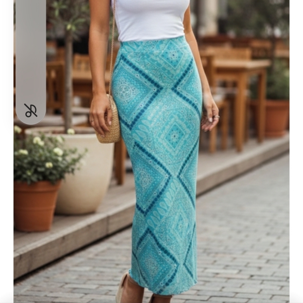 XXL/20 Pull On Teal Print Lined Maxi Skirt NWT